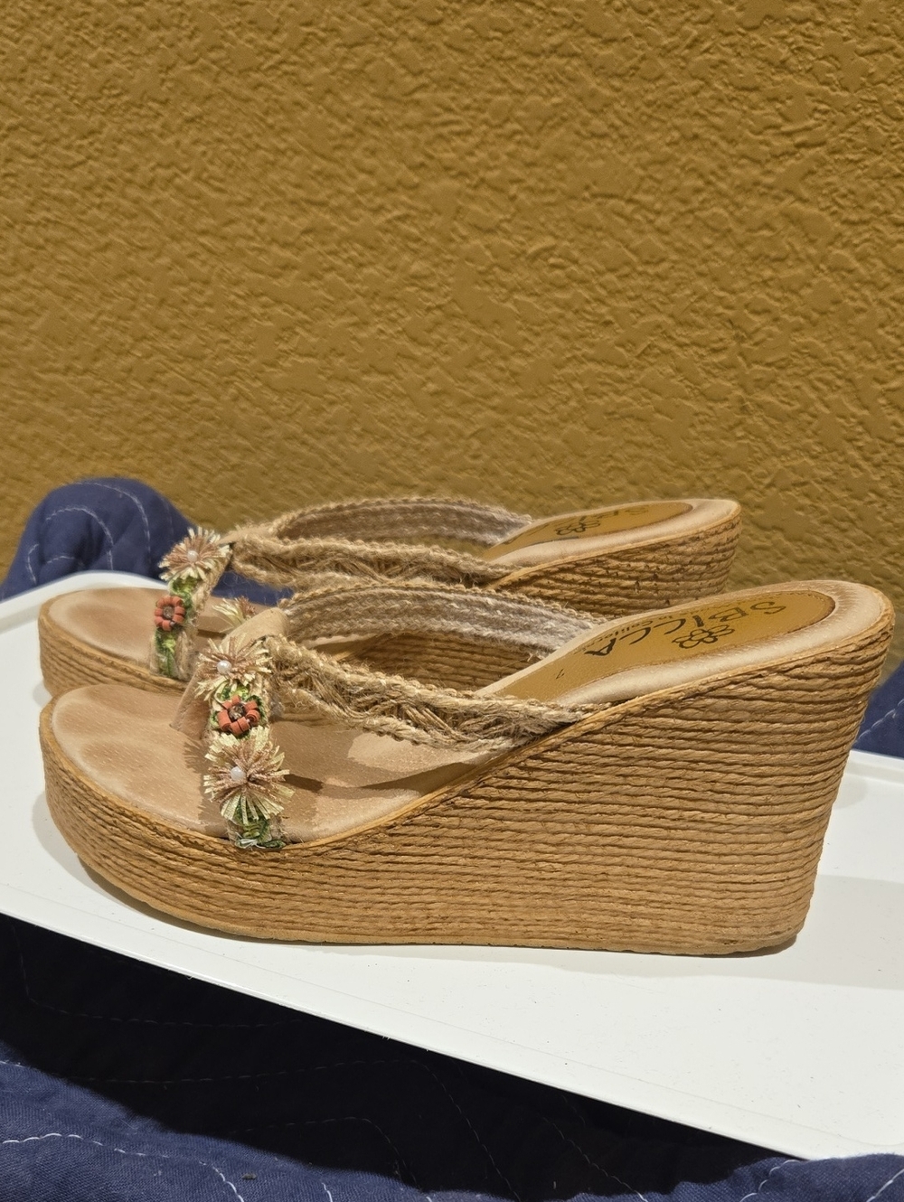 Sbicca Tan Rope Wedge Sandals with Floral Embellishments